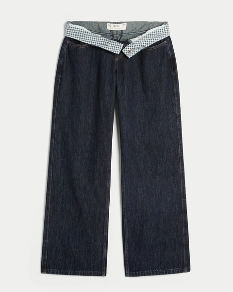Curvy Low-Rise Dark Wash Foldover Waist Baggy Jeans