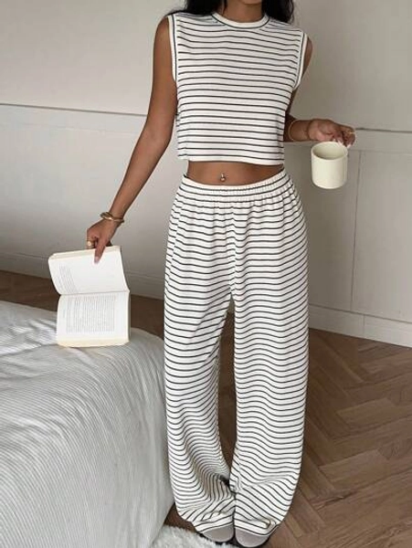 CovetEZ Women 2pcs Set Striped Tank Top And Pants, Casual