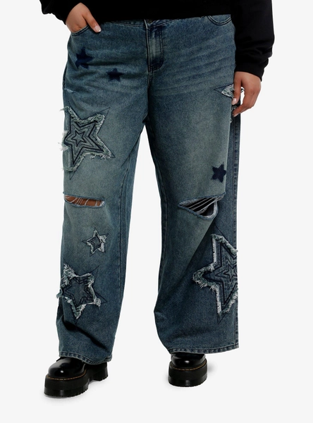 Indigo Vintage Wash Star Patch Girls Wide Leg Jeans Plus Size