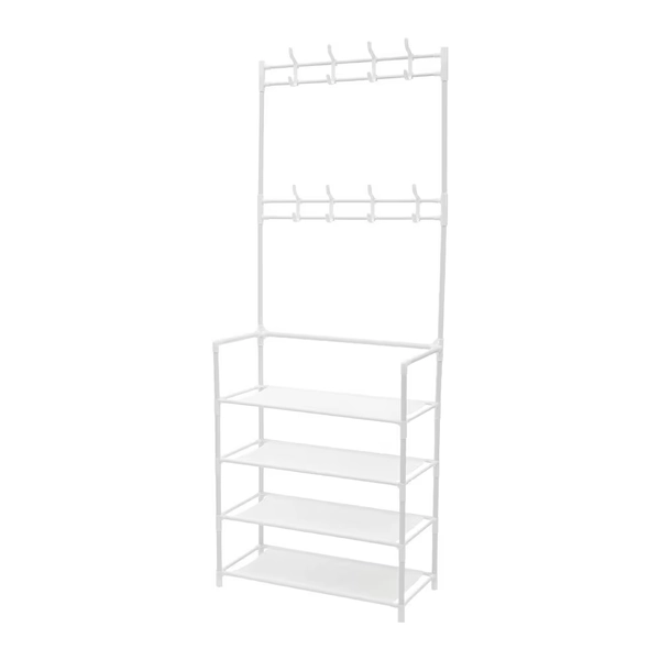 Living and Home 4-Tier Metal Shoe Rack with Hooks for Entryway - White
