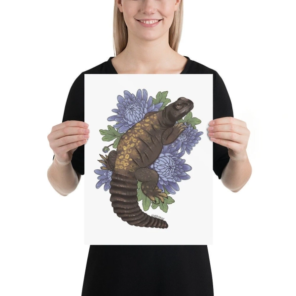 PRINT Uromastyx with Chrysanthemum Flowers Reptile Lizard Art