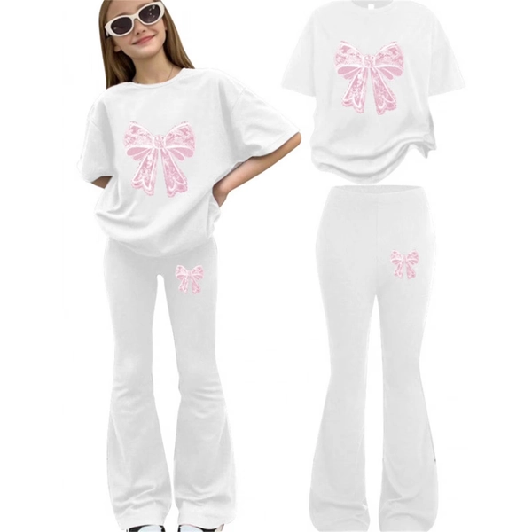 Girls Clothes 2 Piece Cute Bow Print T-Shirt Tops & Flare Pants Spring Summer Outfits Teen Tween Girls Fashion Clothing Sets ﻿ (White, 8-9 Years) - Walmart.com