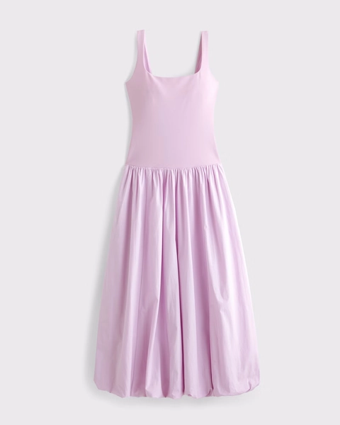 Mixed Fabric Bubble Hem Midi Dress