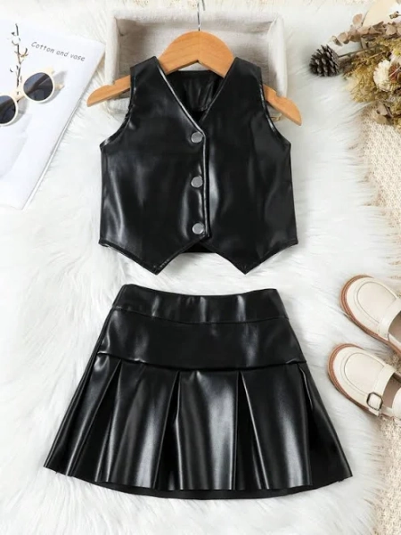 SHEIN Girls Leather V-Neck Sleeveless Button-Up Vest and Pleated Skirt Set