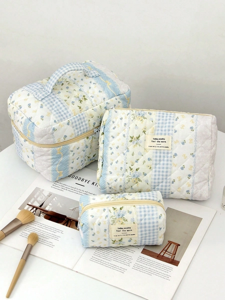 1pc/Set Floral Plaid Pattern Large Capacity Multi-Functional Cosmetic Organizer Wallet, Portable Makeup Brush Holder Bag With Zipper, Makeup Storage Box, Cosmetic Bag, Mini Makeup Case, Travel Essentials, Women Accessories, Travel Supplies
