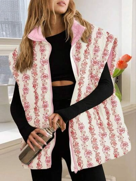 Women's Floral Oversized Quilted Puffer Vest Cap Sleeve Winter Warm Puffy Jacket Coat