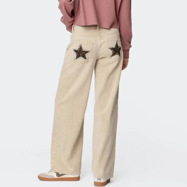 Edikted Women's Leopard Star Low-Rise Wide-Leg Jeans