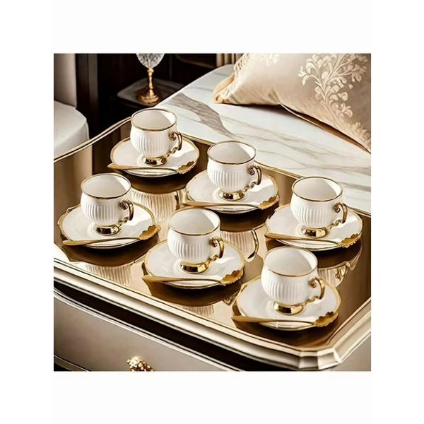 1 Set European Luxury Gold-Rimmed Ceramic Coffee Cup Set with Spoon - Includes Cup & Saucer for American Coffee, Milk Tea, Turkish Coffee - Elegant for Tea Parties, Afternoon Tea & Gatherings