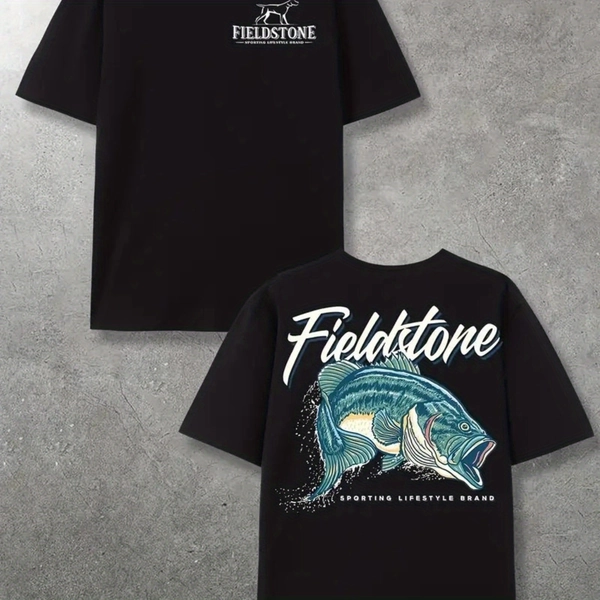 Fieldstone Fishing Men's Heavyweight 220gsm Cotton T-Shirt - Dual-Sided Fishing Graphic Print, Breathable Round Neck Short Sleeve Tee for Outdoor Fishing Trips, Church Events & Casual Wear - All-Season Comfort Fit (Black) - Machine Washable