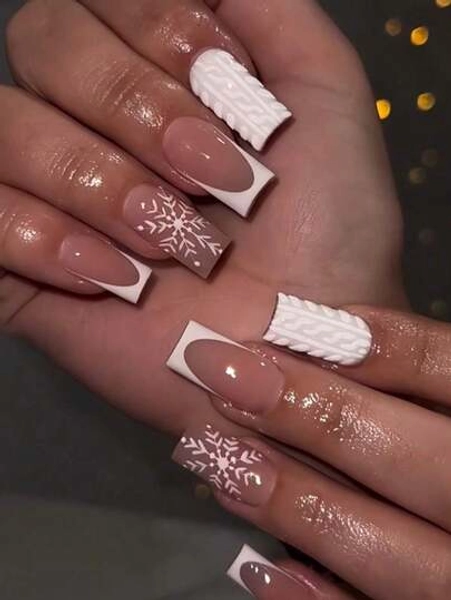 24Pcs/Set Christmas White Snowflake Medium Coffin Style Press On Nails, Suitable For Ladies And Girls Daily Wear And Party Nail Supplies Nails