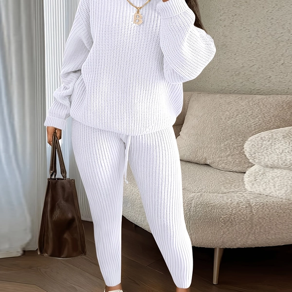 2pcs Women's Suit - Winter Pants & Blouse suitable for Office, Commuting & Smart-Casual Wear | Machine-Washable Warm Round Neck Outfit | 2pcs Solid Color Ensemble