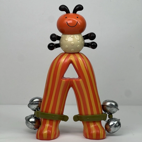 Vintage 1980’s Toy Battat Bells Musical Baby Rattle Bug 8" Mybtoy Orange Plastic