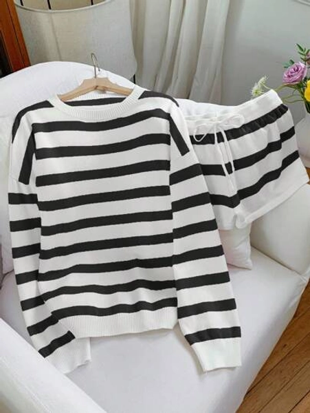 Comfortcana Women's Autumn New Striped Knit Two Pieces Set Striped Sweater Set Women Striped Loungewear Set