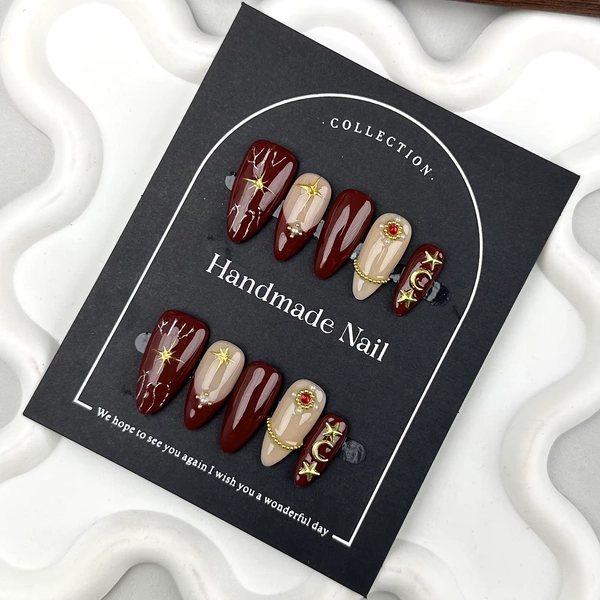 10pcs Nude Wine Red Press On Nails With Pearl Star Moon Shaped Almond Fake Nails For Women And Girl Nail Salon Detachable - AliExpress 