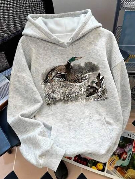Vintage Duck Mallard Hunting Hoodie Sweatshirt, Cute Women's Long Sleeve Pocket Casual Hoodie For Fall And Winter