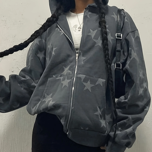 Plus Size - Women'S Plus Size Star Print Hooded Zip-Up Sweatshirt - Casual Long Sleeve Pullover with Drawstring Hood, Light, Spring/Fall Fashion, Casual Wear Hoodie|Star Print Hoodie|Stretchy Fabric Hoodie