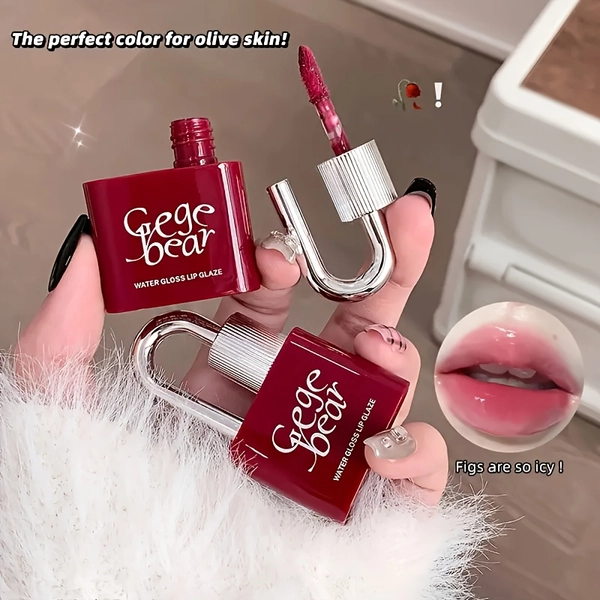 1pc Gege Bear Lock Heart Water Gloss Mirror Lip Glaze - Moisturizing Hydrating Lipstick with Lock Heart Design, Long-Lasting Glossy Finish, Non-Stick Cup, All Light Beige Types, Light Beige, Berry & Red Shades for Daily Wear, Sleek Packaging, Smooth Application, Fashionforward Users
