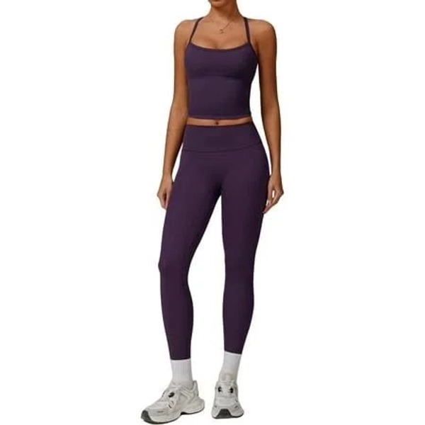 Women's Two Piece Cross Back Tank Top Matching High Waist Leggings Sets
