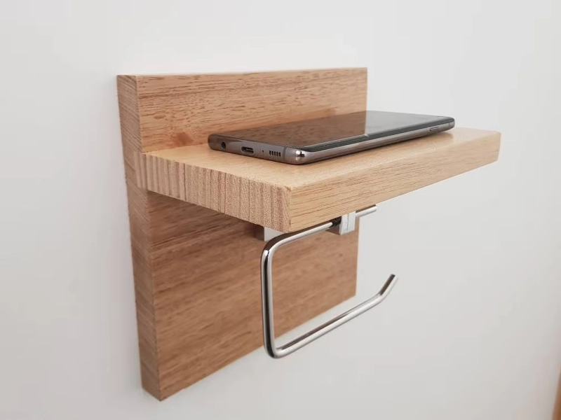 Tasmanian Oak Chrome Toilet Roll Holder with Shelf | Timber Bathroom Décor