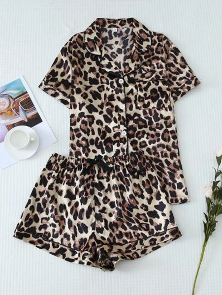 2pcs Satin Leopard Print Short Sleeve Shirt With Collar And Bowknot Shorts Pajama Set For Women, Spring/Summer,Two Pieces Set