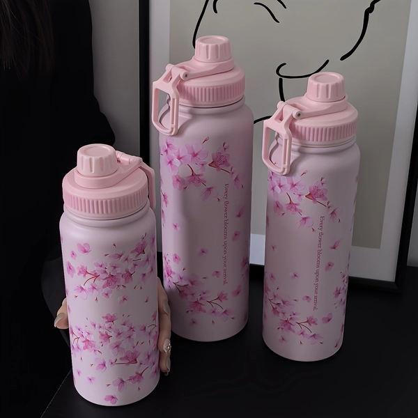 1pc Pink Cherry Blossom Stainless Steel Water Bottle with Handle - Double-Wall Vacuum Insulated Tumbler, Leakproof & Spill-Proof Lid, Elegant Floral Design for Gym, Office Workers, Highquality Construction, Office Drinkware, Durable Drinkware