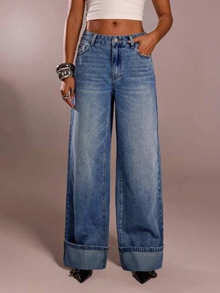 Avantive Summer New Low-Waist Frayed Hem Gray-Blue Washed Denim Casual All-Match Versatile Wide Leg Jeans