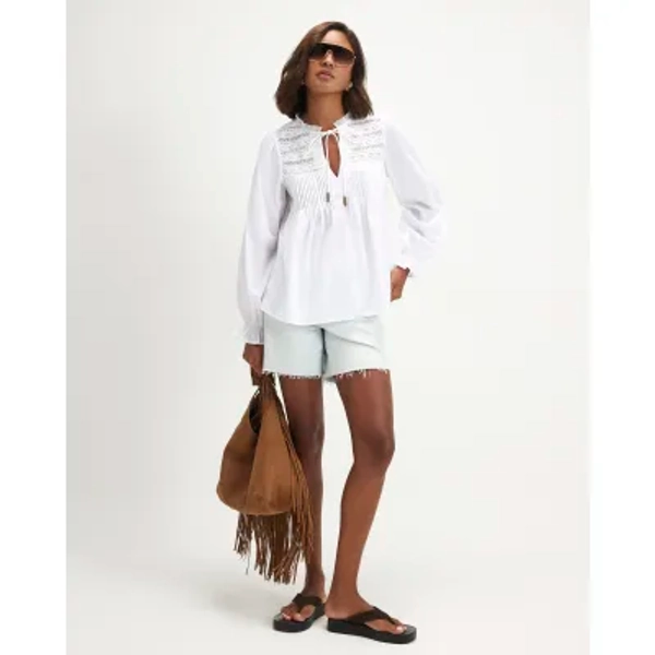 White Cotton Lace Yoke Pintuck Blouse