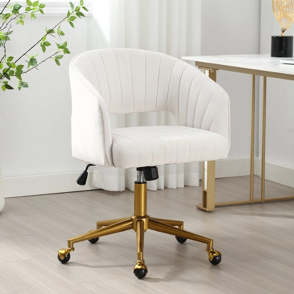Mercer41 Velvet Desk Chair with Wheels, Home Office Swivel Armchair with Gold Base, Back Incline Adjustable for Vanity Make-up