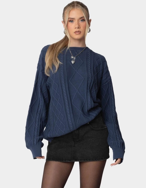 EDIKTED Jessy Cable Knit Oversized Sweater - BLUE - XS
