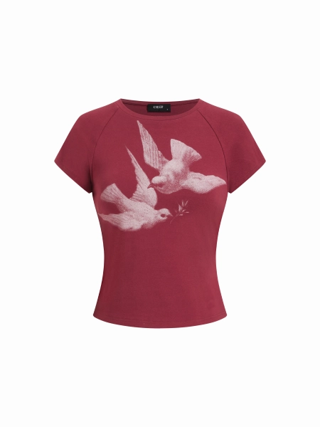 Bird Graphic Cotton Raglan Sleeve Crop Tee