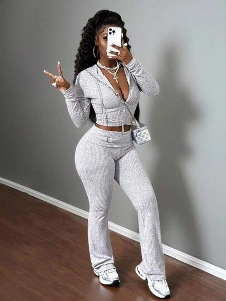 BamGleam Women's Solid Color Long Sleeve Zip-Up Hooded Top And Pants Casual 2 Pieces Set