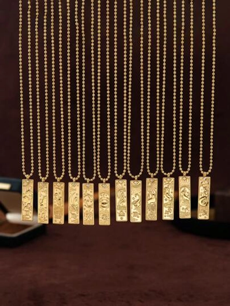 1Pc Retro Twelve Constellation Pattern Square Pendant Necklace, Stainless Steel Inlaid Zirconia, Electroplated 18K Gold, Waterproof And Color Preserving, Suitable For Daily Wear, Festival Gift