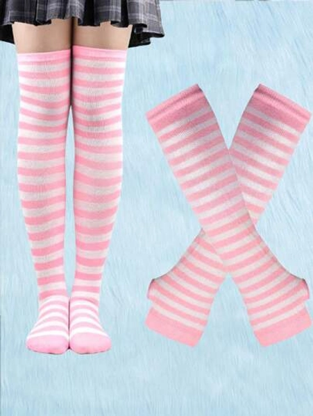 ROMWE Kawaii 1pair Women Striped Pattern Over The Knee Socks & 1pair Women Arm Sleeves