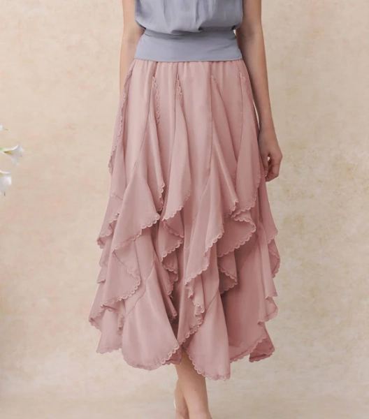 Lace Ruffle Asymmetric Chiffon Midi Skirt