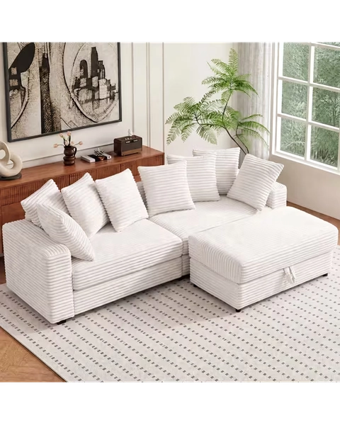 Advwin 228cm L-Shape 3 Seater Sofa Convertible Couch with Storage Ottoman - Beige