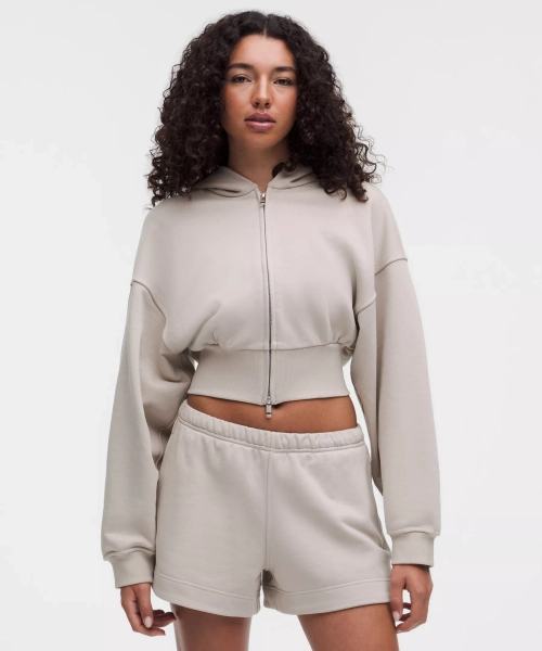 French Terry Cropped Full-Zip Hoodie - Downtown Tan - S