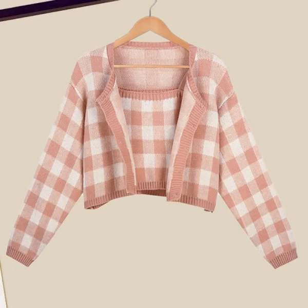 Chic Plaid Top Cardigan Sweater Casual Pants Three Pieces Set