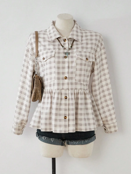 LanaWest Women's Plaid Corduroy Collar Ruffled Design Casual Bohemian Countryside Vacation Shirt, Suitable For Thanksgiving, Halloween, Autumn/Winter, Fashion Loose Long Sleeve Blouse