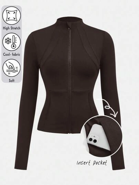 SHEIN Girlism Teen Girls' Brown Casual Sports Lightweight Zip-Up Jacket, Slim Fit For Running, Gym, Yoga, Suitable For Spring, Summer, Back To School Season - Size 14Y