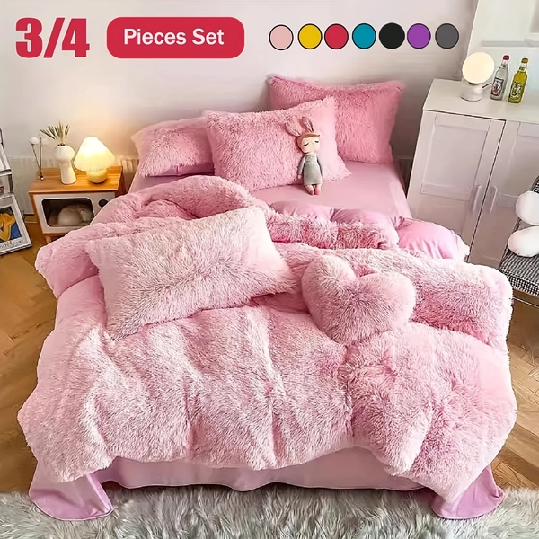 3/4pcs Plush Faux Fur Comforter Cover Set W/ Pillowcases & Plush Heart Pillow - Solid Color - TWIN/QUEEN/KING Size- Super Soft & Cozy(DUVET COVER ONLY, No Comforter)