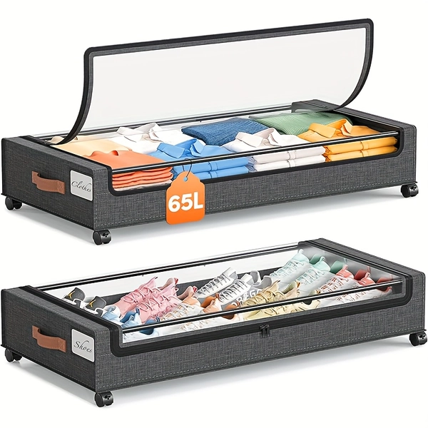 2-Pack Wheeled Under Bed Storage Box, Under Bed Storage Box, Under Bed Shoe Rack Organizer, Metal Drawer Under Wheel Bed for Clothes, Blankets, Shoes,, Books, Bedding, Under-Bed Storage