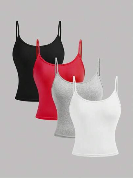 Girlism 4pcs/Set Teen Girls' Cropped Casual Camisole Tops, Suitable For Spring, Summer, Autumn And Winter