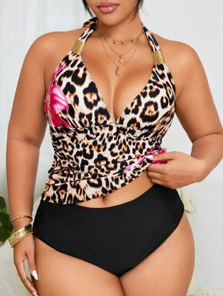 Swim Lushoire Plus Size Women's Two Pieces Deep V-Neck Leopard Digital Print Halter Backless Sexy Bikini Set For Summer Beach Vacation