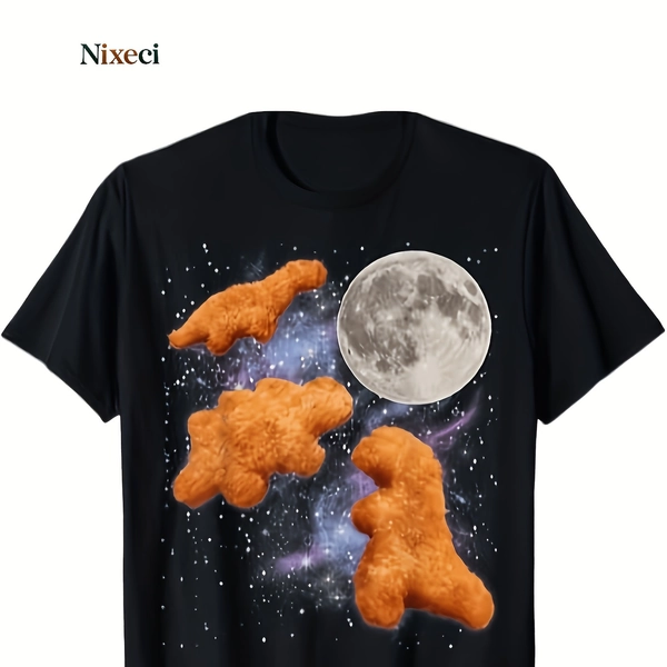 Men's Dinosaur & Blocky Moon Howling T-Shirt - Casual Short Sleeve Round Neck Tee with Print, Machine Washable Suitable for Outdoor, Casual Attire, Year-Round for, Picnic, Lounge - Casual Wear (Regular Fit)