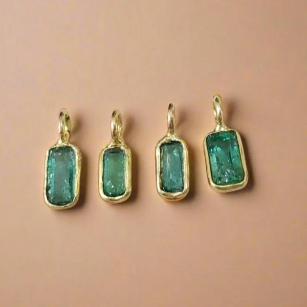 18k Gold Baguette Emerald Charm: Dainty Bezel Pendant, DIY Jewelry