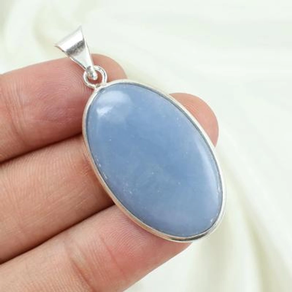 Angelite Necklace 925 Sterling Silver Bezel Pendant-Blue Angelite-Gemstone Pendant, Oval Stone-Necklace Jewelry Gift
