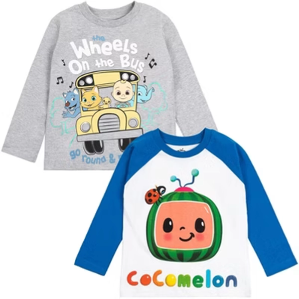CoComelon JJ Kitty Toddler Boys 2 Pack Long Sleeve Graphic T-Shirts White / Heather Gray 4T