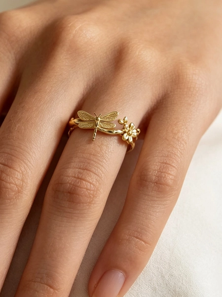 1pc Flower & Dragonfly Geometric Ring, Gold Tone Metal, Daily Wear & Party, Size 6-10 For Women