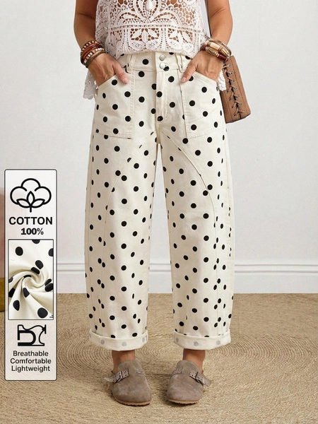 EMERY ROSE Women's Polka Dot Print Flared Leg Jeans Vacation Black White Polka Dot Summer Boho