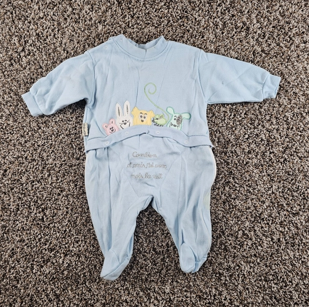 Vtg 1980s USLU Baby Sz 6M One Piece Baby Romper Light Blue Animal embroidered